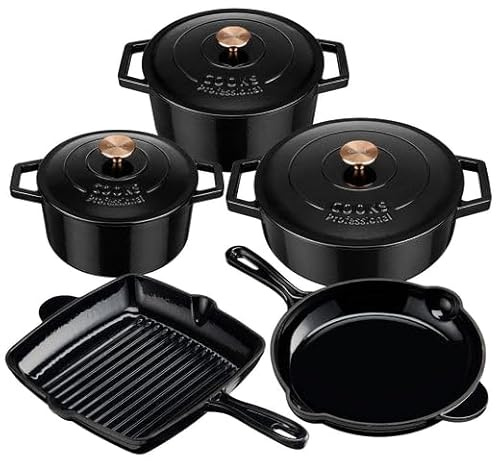 Cooks Professional 5 Piece Cast Iron Casserole Dishes, Frying Pan & Skillet Set | Heavy-Duty Cookware Pans with Enamel Interior | Oven Safe to 260°C, Induction & All Hob Compatible | Black