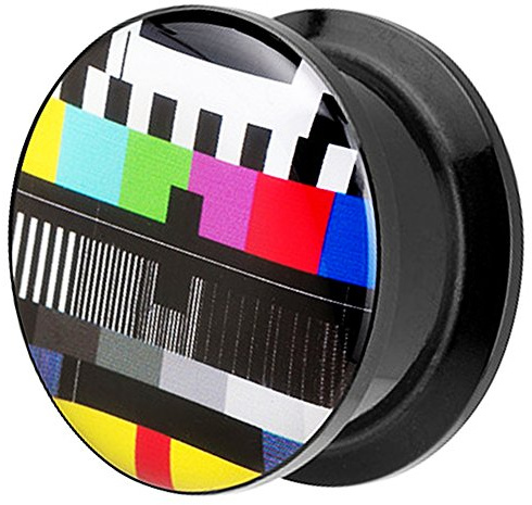 Piersando Ohr Plug Piercing Kunststoff Motiv Comic Picture Flesh Tunnel Ohrplug mit Fernseher Testbild Schwarz Bunt