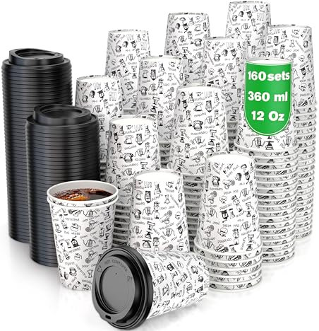 160 Bicchieri Carta per Prendere il Caffè – Tazza con Coperchio di 12 Oncia per Prendere il Caffè, il Tè, le Bevande Calde e Fredde