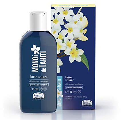 Helan, Monoï, De Tahiti, Lait Solaire SPF 15, Protection Solaire Anti Erythème et Brûlures, Crème Hydratante Corps et Visage, Prévient les Dégâts du Soleil, Résistant à l'Eau - 200 ml