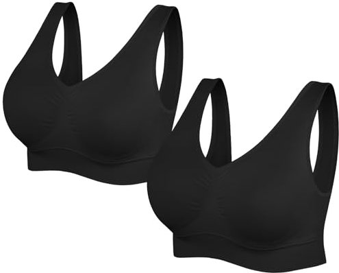 SIMIYA Super Comfort Bra, Womens Sports Bras Removable Pads Plus Size Sleep Bras for Girls in Yoga Bralette Leisure Stretch Crop Tops Vest (XL, 2 Pack Black)