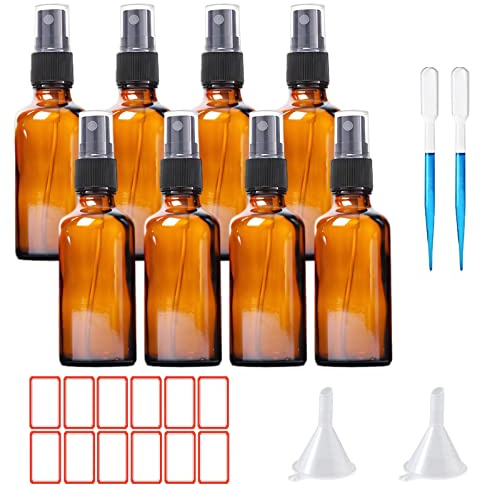 ToKinCen Braunglas Sprühflasche 8x50ml Glas Leere Zerstäuber Feinnebel Apotheker Flasche Nachfüllbar Parfümzerstäuber mit Trichter und Etikettenaufkleber für Make-up, Wasser, Reiseflüssigkeit