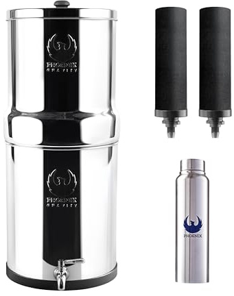 PHOENIX GRAVITY 8-Litre NSF/ANSI 42 & 372 Certified | AISI 304 Stainless Steel Countertop Water Filter System with 2 Smart (Black) Carbon Filter Elements & Free Stainless Steel Water Spigot (8 L)