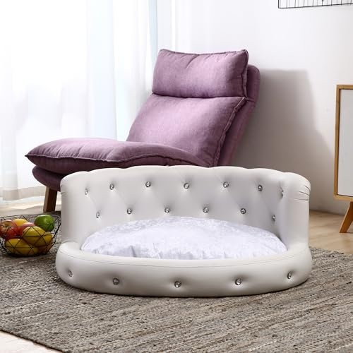 DaMi Luxus Hundebett I Premium Hundeschlafplatz mit großen Strasssteinen, Hundekissen Hundematratze Dogbed waschbar, Hundezubehör Hunde Dog Bed Bett Matratze Körbchen, 35x73x63 cm Oval Weiß