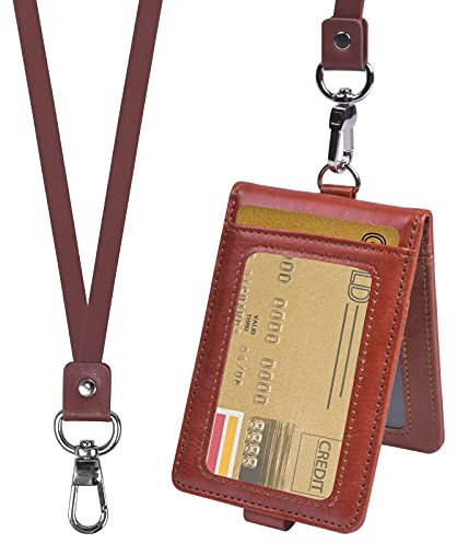 Funda de Tarjeta con Cordón de Cuello Titular de la Tarjeta de Identificación de Insignia Portatarjeta Billetera Cuero PU, 2 ID Ventanas y 3 Ranuras para Tarjetas de Crédita Estudiante Autobús, Marrón