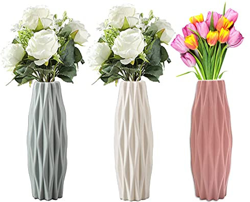 Kunststoff Vasen, 3 Stück Elegantes Design Vase Desktop Moderne Dekorative Ornament Kunststoff Vase Für Innen Schlafzimmer Wohnzimmer Balkon Tischdeko Hochzeit Küche Office(3 Farben, 21 * 5.5cm)
