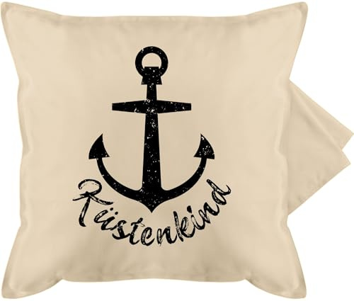 Kissenbezug - Statement - Küstenkind mit Anker - schwarz - 50 x 50 cm - Beige Natur - sofakissen maritim statement-kissen statements maritime pillow kissen nordsee sprüche nautisch kissenhüllen