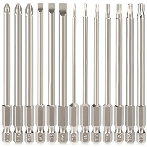 Hakkin Torx Bit Set 13Pcs 100mm Long Torx Phillips Slotted Screwdriver Bits Premium S2 Steel 1/4” Hex Shank Magnetic Long Phillips Cross Head Screwdriver Bits T6 T8 T10 T15 T20 T25 T30 PH2 SL4 SL5 SL6