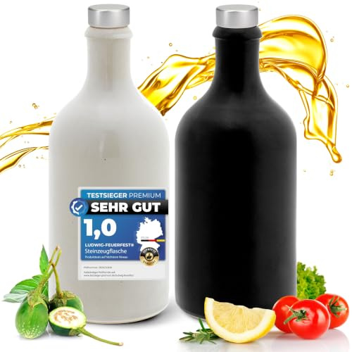 Gourmet Essig & Öl – Flaschen mit Ausgießer, Made in Germany Handgefertigt. Exklusive Steinzeugflaschen, einzigartig, zeitlos und chic. Ausgießer in Deluxe- Silber (2x 500ml, schwarz/ weiß)
