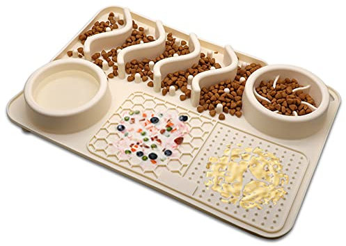 Koomuao Schleckmatte Hund mit Saugnapf,Leckmatte Hund,Super Starke Saugkraft,Schleckmatte Katze,BPA-frei,für Hundebaden,Trainieren,Fellpflege & Krallenpflege (Beige-L)