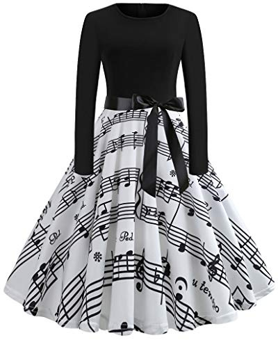 Robe Longue Femme à Manches Longues Et Col Rond Grande Taille Robe Vintage Femme avec Imprimé Musique Rétro Festival Fête Cérémonie