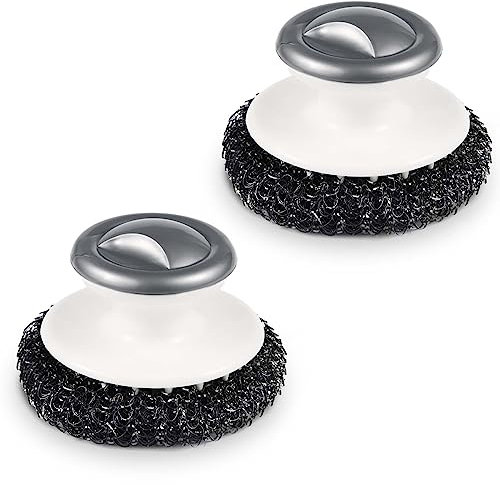 2pcs Stainless Steel Wool Scrubber with Handle, Heavy Duty Steel Scourer Pot Scrubbers Dish Scrubber Portable Stainless Steel Scrubbing Brushes for Cleaning Kitchen Pots Pans Grills Sink