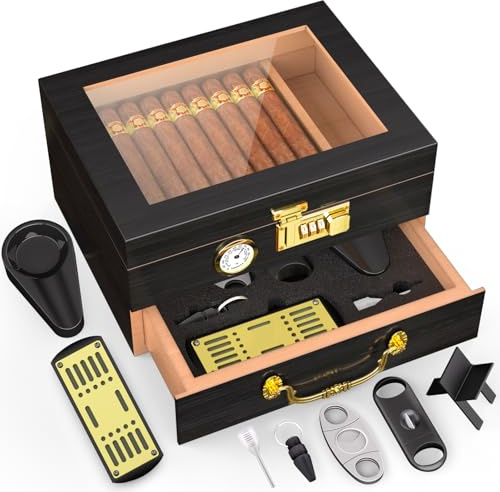 TRBIHCX Abschließbarer Zigarren-Humidor | Zedernholz-ausgekleideter Zigarren-Humidor | Frontmontiertes Hygrometer, Zubehörschublade, komplettes Zubehör-Set | Für 20–50 Zigarren