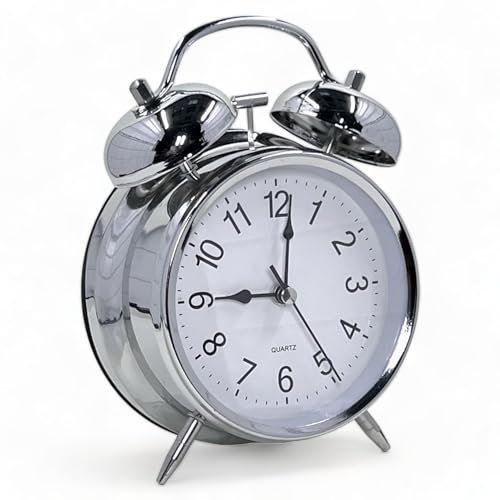 MIJOMA Elegante sveglia in stile retrò, analogica, al quarzo, in metallo/plastica, con luce notturna a LED e funzione a doppio gong, ideale come orologio da tavolo, funzionamento a batteria (colore