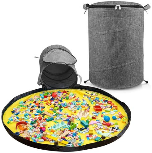 Modojuny Aufbewahrungstasche für Kinderspielzeug mit Spielmatte und Reißverschluss, Aufräumsack/Organizer für Bauklötze, Autos, Puppen und anderes Spielzeug - Grau