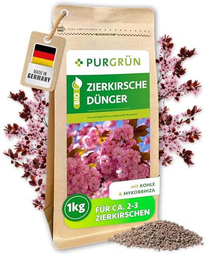 Purgrün® Bio-Zierkirsche-Dünger 1 kg – Organisch-mineralische Rezeptur – Feinkörniges Krümelgranulat – NPK 6+4+5 – Mit Magnesium für leuchtende Blüten – Verbessert die Bodenqualität