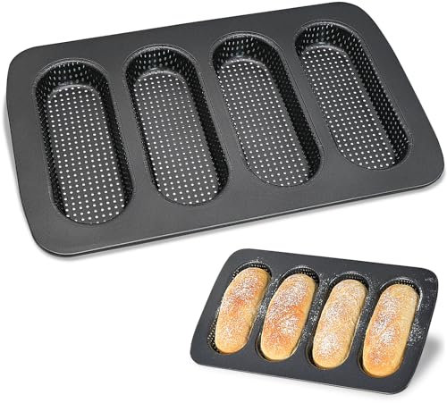 MEIYAXINWIN Stampo per Baguette, Teglia da Forno con Fori, Stampo Antiaderente per Pane, Stampos in Acciaio al Carbonio per Hot Dogs, Pane e Panini (Nero)