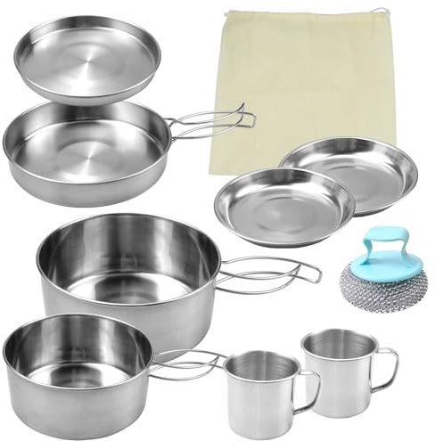 burkfeeg Pentole Campeggio Acciaio Inox, Set Pentole Da Campeggio Da 9 Pezzi, 2-3 Persone, Set Da Cucina Da Campeggio Pieghevole, Per Pentole, Per Picnic, Campeggio, Escursionismo
