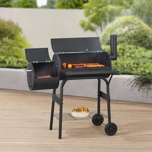 casa.pro Barbecue Fumoir avec Chambre de Cuisson Thermomètre Vannes d'Air Réglage de la Fumée et Chaleur Chariot Étagère Acier Inoxydable Plastique 115 x 110 x 64 cm Noir
