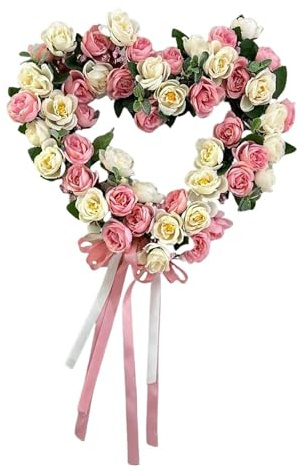 LOVIVER Valentine's Day Heart Wreath Heart Shape Door Wreath Artificial Flower Wreath with Tassels Front Door Hanging Wreath for Wedding Proposal Valentine's Day Gift, Pink