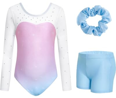 JiAmy Gymnastikanzug Mädchen, Turnanzug Turnshorts Haarband Set Turnanzug Leotard Set für 3-12 Jahre
