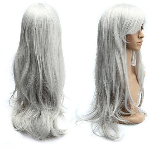 FSR00MZ 70cm Damen Lange Perücke Grau Lockig Wellig für Alltag, Party | Lang Voll Cosplay Karnevalsperücke Frau, Lockig Wellig Fashion Kostüme krause Damen Haarteil Wig für Vika Mottopartie