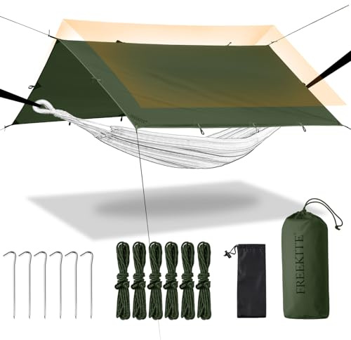 Camping Tarp Tent Portable Multifunctional Bushcraft Backpacking Tear-Resistant Fabric Rain Fly Tarps Awning Shelter Lightweight Waterproof Tarp(Dark green10×10 tarp)