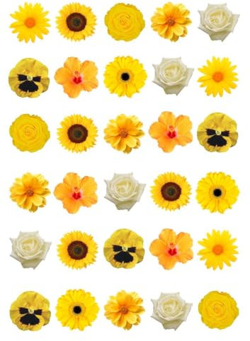 30 x Mixed yellow flowers edible wafer rice paper cupcake toppers cake decorations Pansy Sunflower Rose Hibiscus Hawaiian Daisy Gerbera flower heads Spring Wedding Birthday Party Celebrations petals