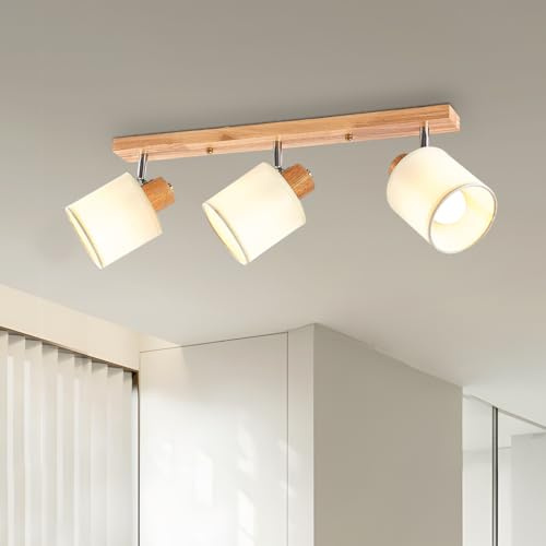 YNFLux Deckenlampe 3 Flammig Deckenstrahler LED Deckenleuchte Spot Strahler E14 Schwenkbar 350°, Modern Holz Spotlight Lampe Deckenspot für Wohnzimmer Schlafzimmer Küche Flur mit Leuchtmittel