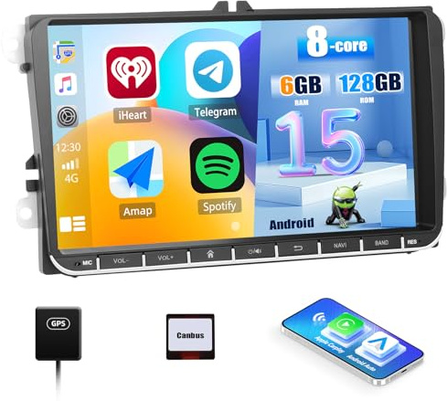 6+128G CAMECHO 9 Radio de Coche para Golf 5 6 VW Polo Touran Tiguan Passat B6 B7 Seat Skoda, Android 15 Wireless Carplay Android Auto Bluetooth Radio con WiFi GPS FM/RDS +Canbus HD IPS Touchscreen