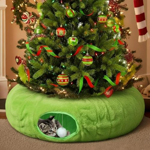 Soulchen Katzentunnelbett mit Weihnachtsmotiv, 91 x 90 x 24 cm, Katzenhöhle, Donut unter dem Weihnachtsbaum, zusammenklappbar, für Indoor-Katzen, Versteck für Kaninchen, Frettchen, Welpen (Furry Green