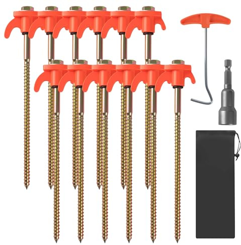 12x Zeltheringe, Stabilen Erdschrauben, 1 Praktischem Herauszieher und 1 Tragetasche bietet, Heringe Erdnägel stabil ideal für Felsen, Wald oder Wiese, Schraubheringe Camping für jeden Untergrun