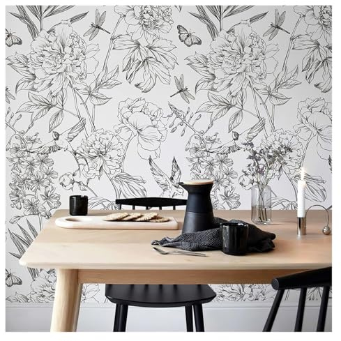 VFIDPSU Papier peint floral rétro à motif floral blanc et noir, autocollant en PVC for meubles et armoires, oiseaux vintage, décoration murale amovible(44cmx300cm)