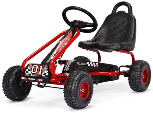 COSTWAY Gokart mit verstellbarem Sitz, Go Kart mit Handbremse, Tretauto bis 30 kg belastbar, Pedal Go Cart, Tretfahrzeug, Pedalfahrzeug, Kinderfahrzeug für Kinder ab 3 Jahren (Rot)