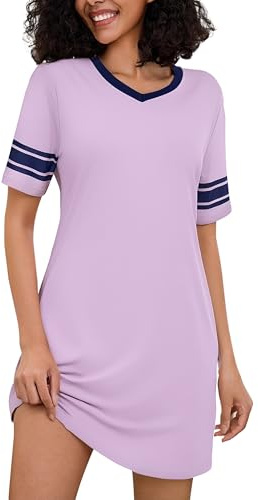 Bresdk Camisón Mujer Algodón Verano Camisones de Manga Corta Cuello en V Ropa de Dormir Sexy Vestido de Casa Relajado y Cómodo Morado M