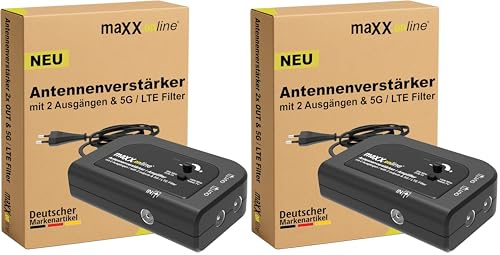 maxx.onLine Antennenverstärker mit 2 Ausgängen, Verstärkung 20 dB, 5G / LTE Filter für DVB-T2, Kabelfernsehen, Kabel Verstärker, Verstärker Wohnung (Packung mit 2)