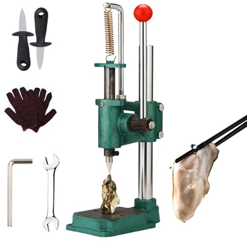 Oyster Shell Opener Tool Set, Heavy Duty with 2 Knives & Glove, Adjustable Stroke, Labor Saving Handle, Cast Base, 150kg Pressure