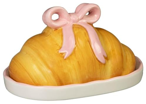NEW Croissant Butter Dish. The Golden Croissant Lid Features A Pretty Pink Bow Handle, Making It Easy to Lift and Adding A Charming Decorative Touch.