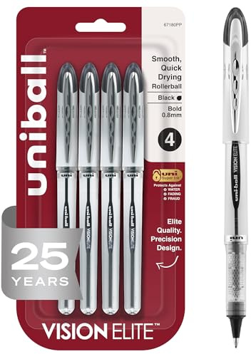 uniball Vision Elite Rollerball Pens, Bold Point (0.8mm), Black, 4 Pack