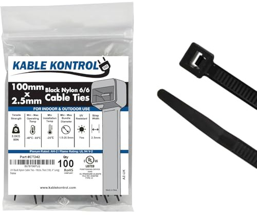 Kable Kontrol Black Cable Ties, 100 mm x 2.5 mm, Pack of 100, 4 Premium Nylon Zip Ties, Multi-Purpose Plastic Tie Wraps, Secure Self-Locking Mechanism, for Home, Garden, Office and DIY | Nylon Plastic, UV-Resistant, Self Locking, UL Listed, Indoor & Outdoor Use