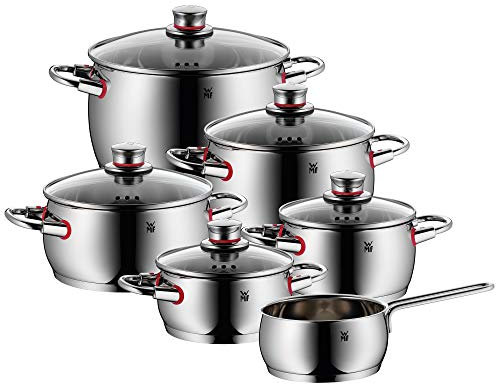 WMF Quality One Topfset Induktion 6-teilig, Kochtopf Set mit Glasdeckel, Cromargan Edelstahl poliert, Induktions Töpfe Set unbeschichtet, Dampföffnung