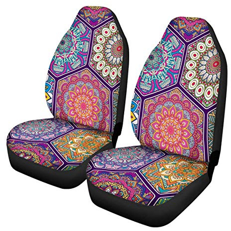 TOADDMOS Dekoratives buntes Mandalas-Patchwork-Autositzbezüge-Set für 2 Vordersitze, Autozubehör, Dekoration, universelle Passform für Auto, LKW, SUV