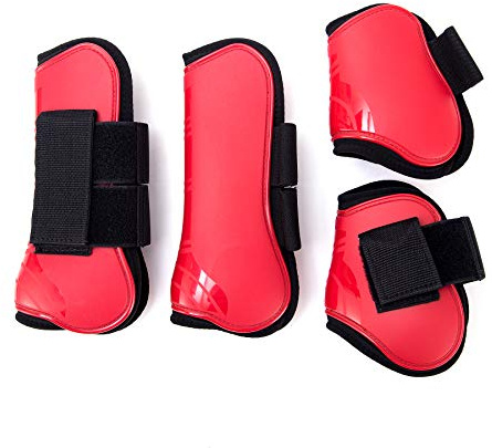 Merauno® Gamascher hästar set om 4 damasker par fram bakom hårt skal och kardborreband för kvinnor och män PU robust elastisk tendon stövlar klassiska (S(pony), röd)
