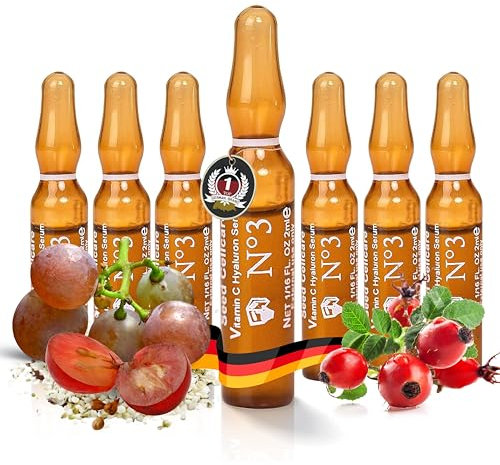 Natürliches VitaminC & Hyaluron Serum Damen & Herren - Anti Falten Serum Gesicht - 7Stk. Naturkosmetik Anti Aging Ampullen hochdosiert - Traubenkern, BIO Hanfsamen & Hagebuttenkerne - made in Austria