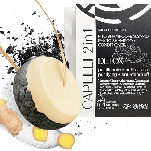 Senso Naturale Shampoo und Conditioner Festes Detox, Antischuppen Reinigung für Fettiges Haar mit Holzkohle, Ingwer und Kokosnussöl, 100% Natürlich und Biologisch,ph 4,5-5,0 (2 in 1)