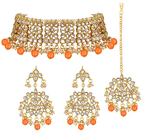 Aheli Elegant Indian Faux Kundan Studded Choker Necklace with Maang Tikka Ethnic Wedding Wear Fashion Bharatanatyam jewellery set Gift for Women