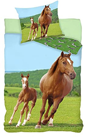 BrandMac Horse Reversible Bedding Set 135 x 200 cm 80 x 80 cm Cotton Girls Horse Children's Bed Linen