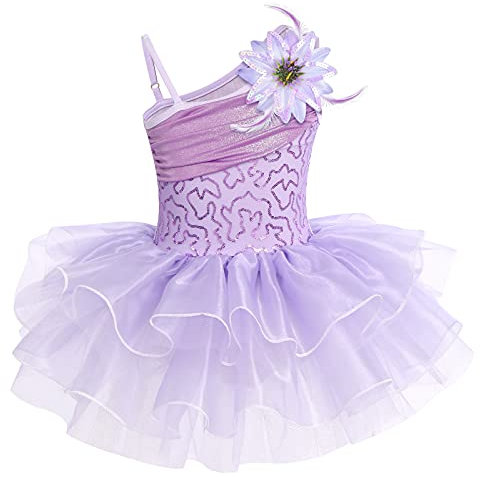 Odizli Bambini Ragazze Vestiti Da Balletto Una Spalla Paillettes Tulle Tulle+Spilla Floreale, Lilla, 3-4 Anni