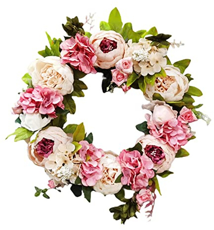 QYLJZB Künstlicher Pfingstrosenkranz, 40 cm, rosa Frühlingskränze, künstlicher Blumenkranz mit Blättern, Blumenkranz für Haustür, Wand, Fenster, Hochzeit, Party, Dekoration