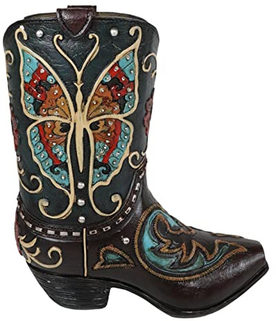 Ebros Gift Rustic Western Country Turquoise and Red Fancy Butterfly with Heart Brown Faux Tooled Leather Cowgirl Cowboy Boot Decorative Flower Bouquet Vase Or Planter Figurine 7 High